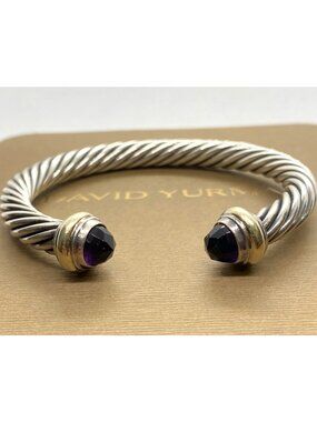 David Yurman Sterling Silver 925 & 14k Gold 7mm Cable Amethyst Cuff Bracelet